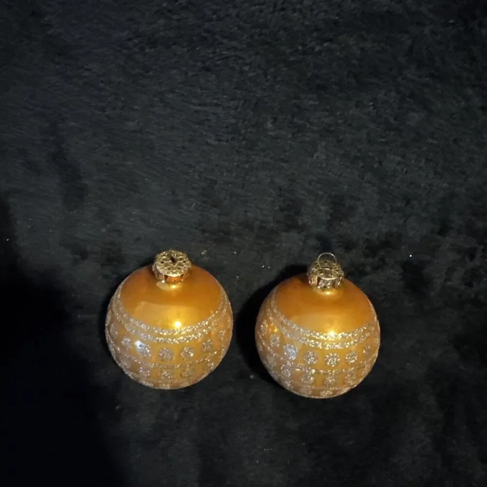 2 Vintage 50s Shiny Brite Gold Circle of Glitter Christmas Ornaments